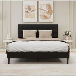 Zoophyter Upholstered Platform Bed Frame Queen Size with Button Tufted Linen Headboard 