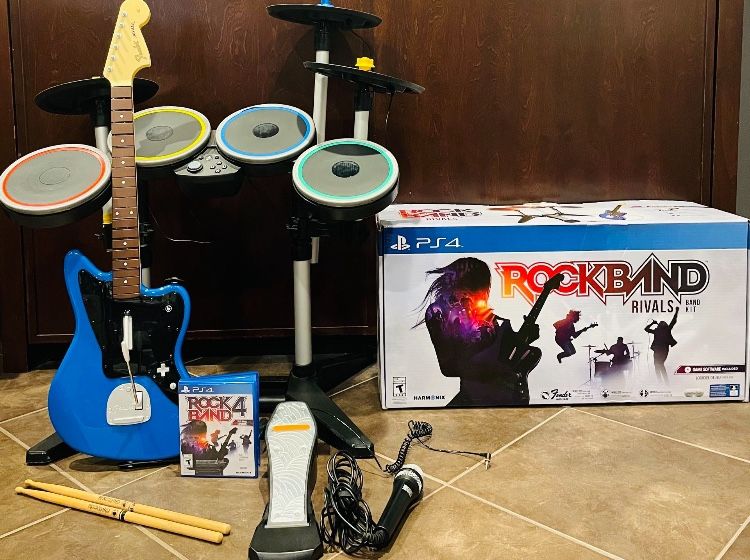 Rock Band 4 PS4 Bundle Fender Guitar Drums Pro Cymbals Mic Game PS5 PlayStation