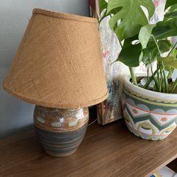 Stoneware Studio Pottery Table Lamp with Burlap Lamp Shade Pair