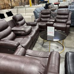 Brown recliner living room three pieces sets with Bluetooth speaker and LED lights