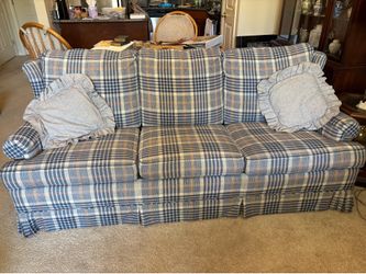 Blue and Tan Plaid Skirted Sofa