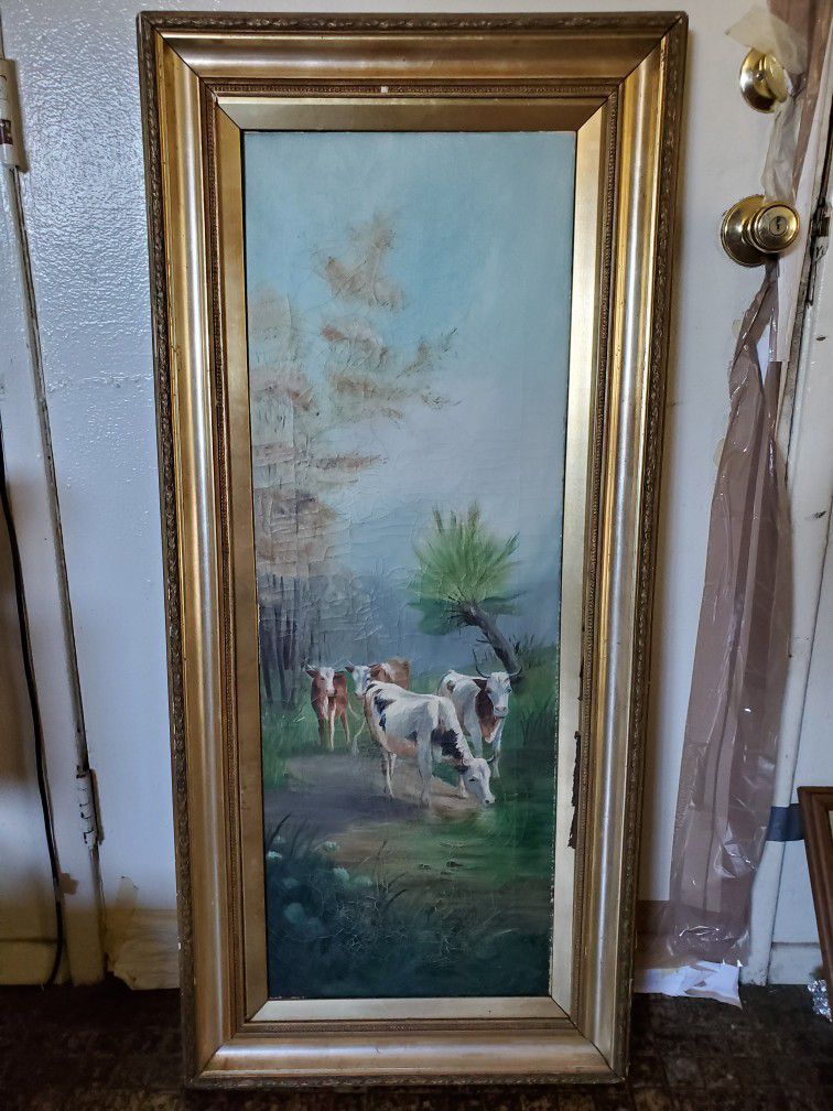 Antique Cow Oil Painting 