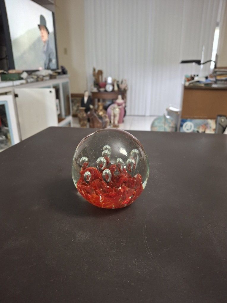 Vintage Murano Style Large Heavy Blown Art Glass Paperweight, Red With Clear Stretched Bubbles-Looks Like The Ocean Floor4"H 2LB 13OZ