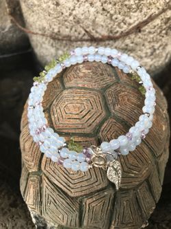 Moonstone peridot and crystal wrap bracelet with leaf charm