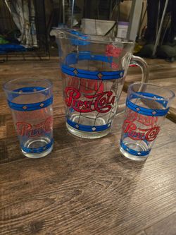 Collectible Pepsi Glass Pitcher with Two Glasses