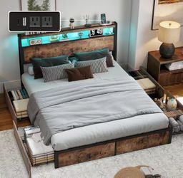 ❤️‍🔥 #A  Full Size Bed Frame with 2-Tier Storage Headboard and 4 Drawers