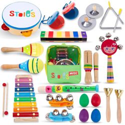STOIE'S 24 Pcs Kids Musical Instruments Set Toddler Musical Instruments For Kids Music Toys Wooden Baby Instruments For Kids Ages 3-5 Montessori Toys 
