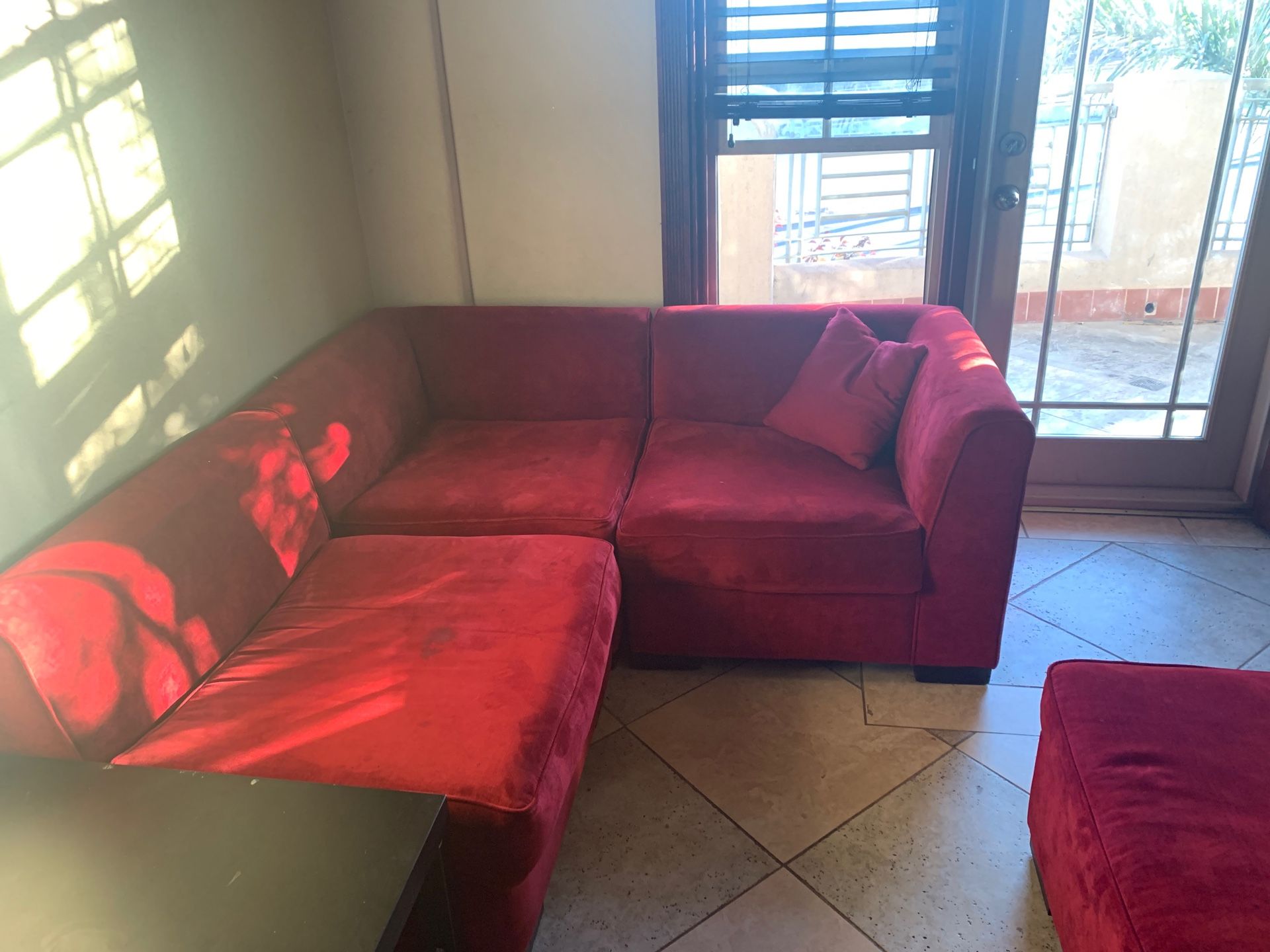 Red suede couch