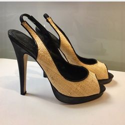 Bebe Straw Platform Heels with black trim Sz 7