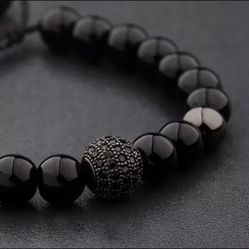 Men’s Black Beaded Bracelet With Black CZ