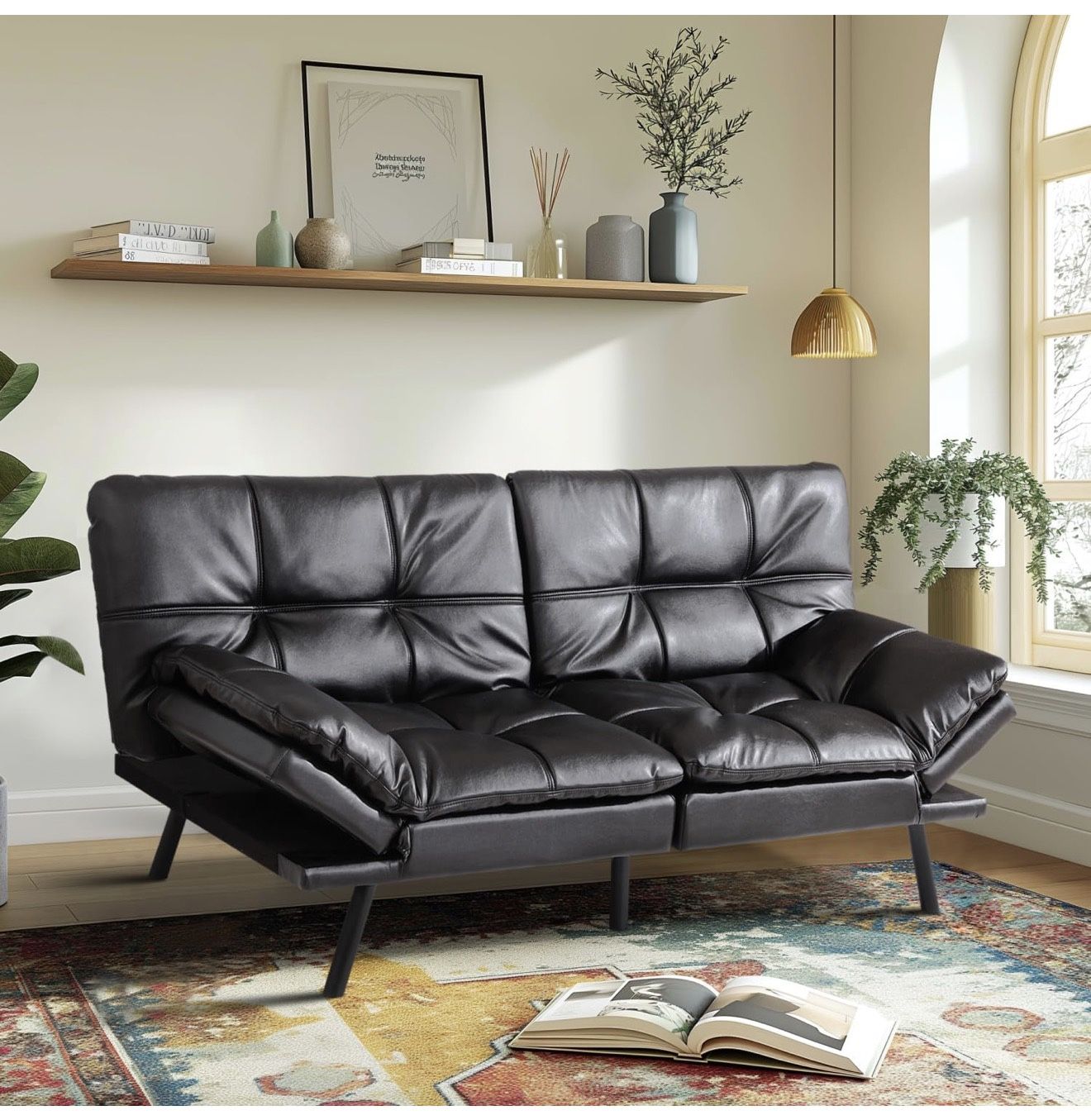 Convertible Memory Foam Sofa Bed with Adjustable Backrest & Armrest, Modern Futon Couch for Living Room, Office, Apartment, Space-Saving Design, Easy 