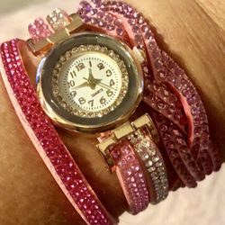 (REDUCED!!) NEW Pink Crystal Bracelet Quartz Watch w/Unique Wraparound Band