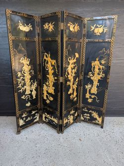 Vintage Chinoiserie 4-Panel Black Lacquer Folding Screen with Inlay