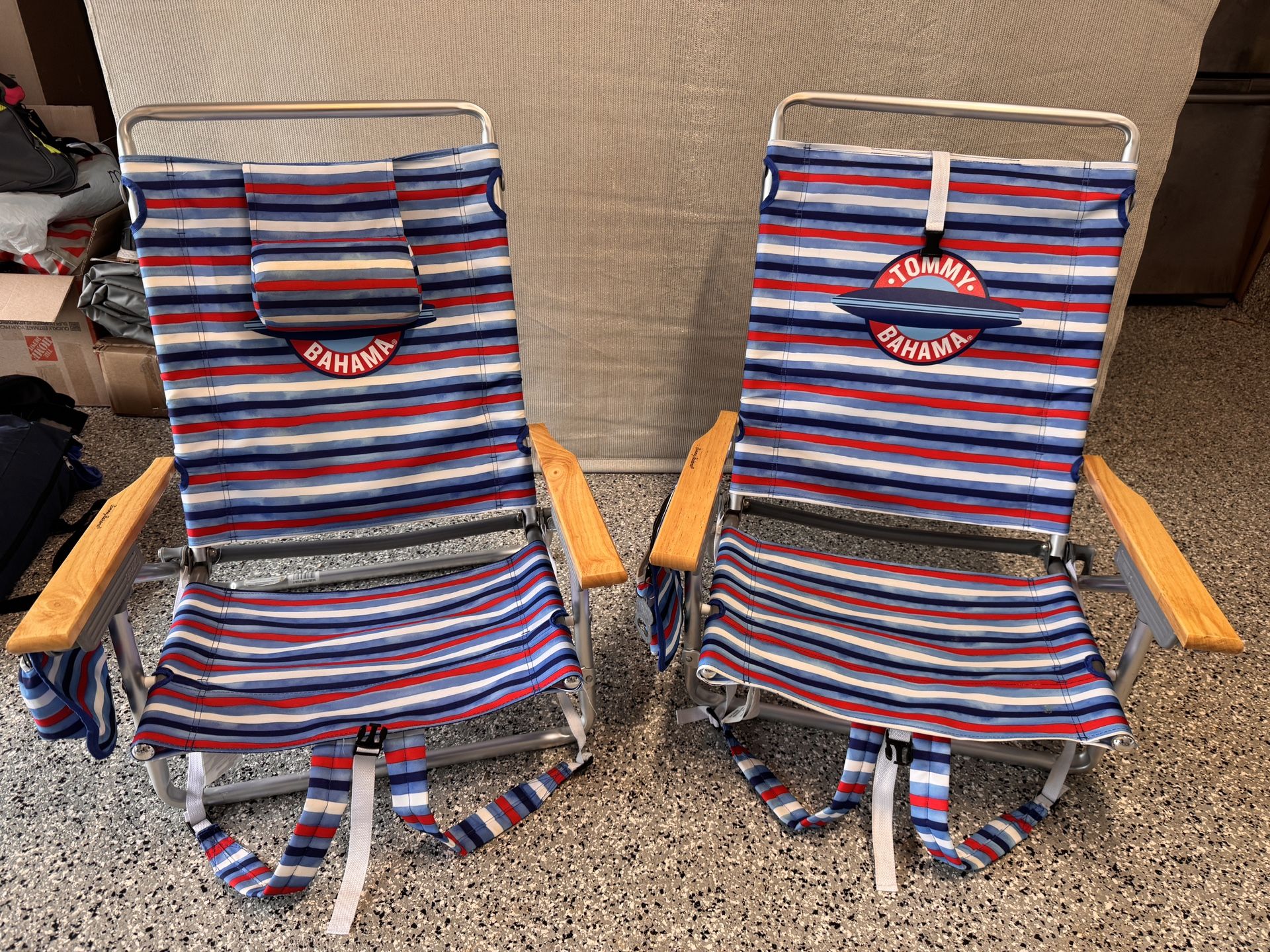 2X Folding Backpack Beach Chair, Aluminum , Red, White, and Blue Stripe