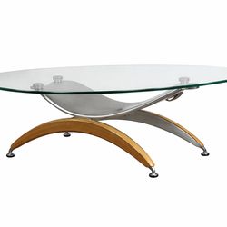 Modern Oval Glass Coffee Table with Wood + Metal Base