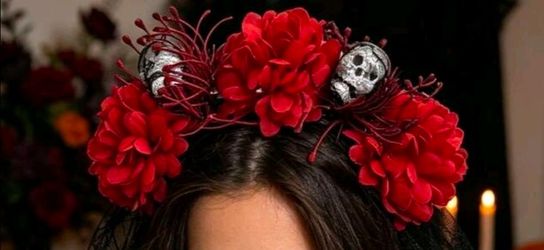 1pc Women's Day Of The Dead Floral Skull Headband, Red Artificial Flowers With Black Spider Web Mesh Veil, Gothic Halloween Dark Bride Costume Headpie