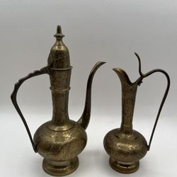 Vintage Brass Etched Hinged Teapot & Vase Pitcher. Made in India