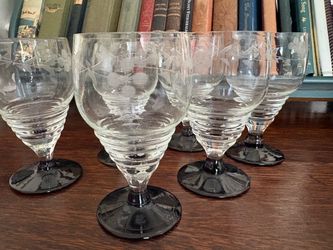Set of 6 Etched Art Deco Crystal and black Wine Glasses