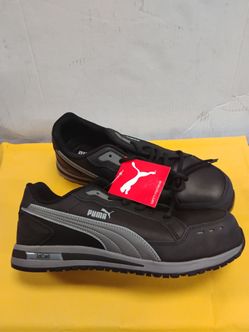 PUMA Safety Airtwist Low black athletic work shoes featuring a composite safety toe and gray side accents Size 12