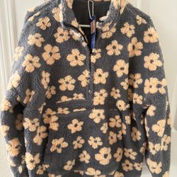 Women's Fall Cute Floral Faux Fur Pullover Fleece Sweatshirt Y2k Casual Zip Up Winter Sherpa Jacket