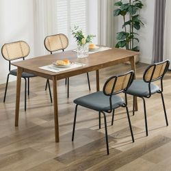 Dining Chairs Set of 4 Rattan Kitchen Chairs Black Leather Boho Dining Room Chairs Mid Century Modern Woven Upholstered Chair with Metal Leg Cane Chai