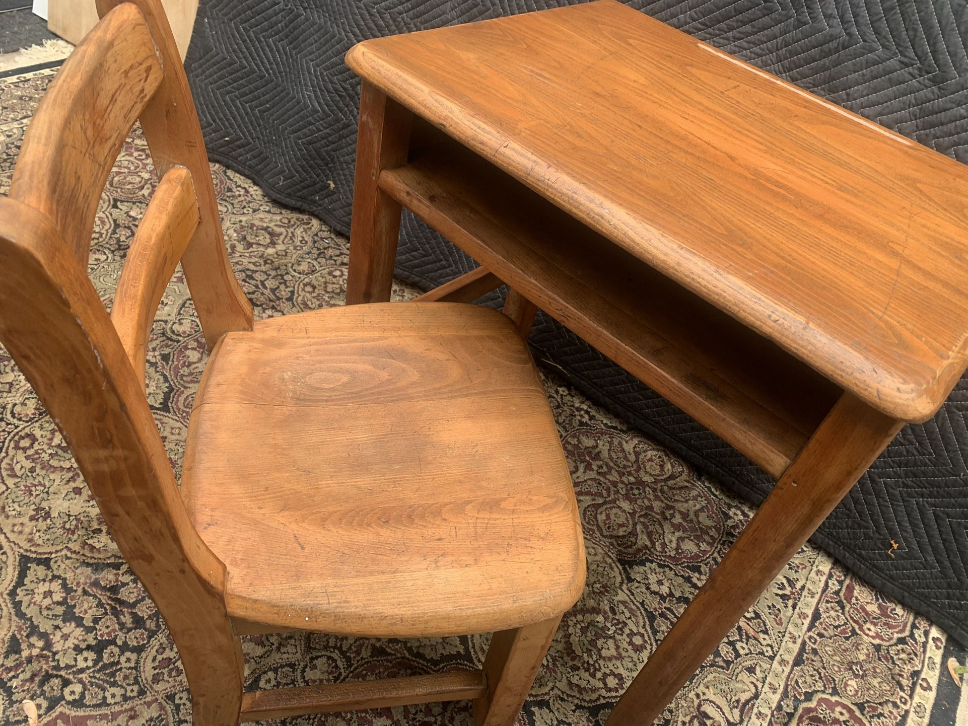 Vintage child desk and chair 23.5 W x 18 D x 26.5 H  Chair: 15 3/4 W x 15.5 D x 29 H  Seat@ 16