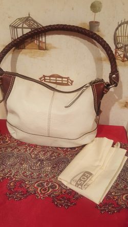 FOSSIL WHITE BROWN LEATHER HOBO SHOULDER HANDBAG WITH DUFFY BAG.