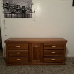 Wooden cabinet & two end tables 