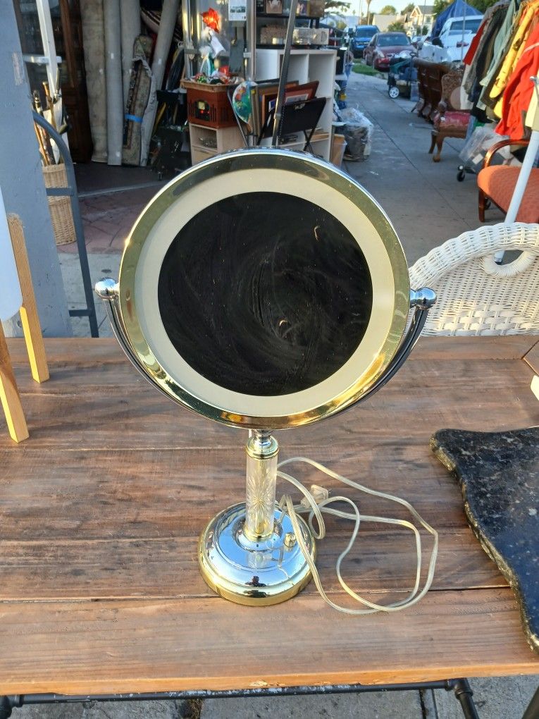 1970s Brass & Chrome Florescence Magnifying Vanity/Jewelry Mirror