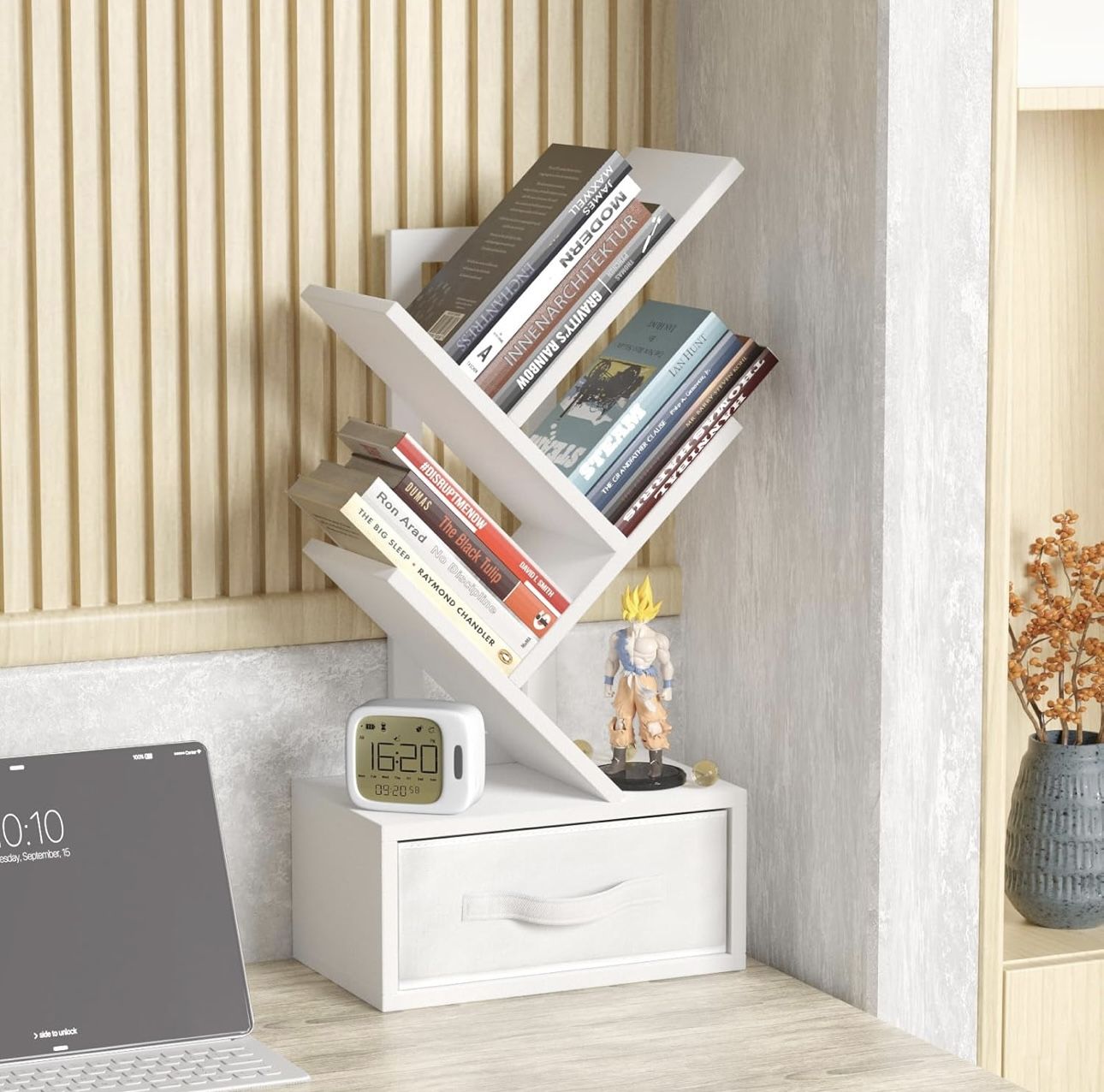 Small Bookshelf with Drawer,4 Tier Tree Book Shelf