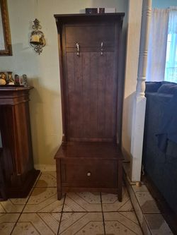 Dark Wood Entryway Hall Tree with Storage Bench