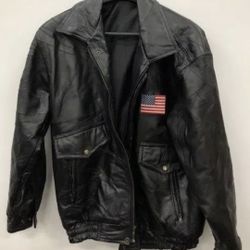 Men's Black Genuine Leather Bald Eagle American Flag Jacket Sz XL