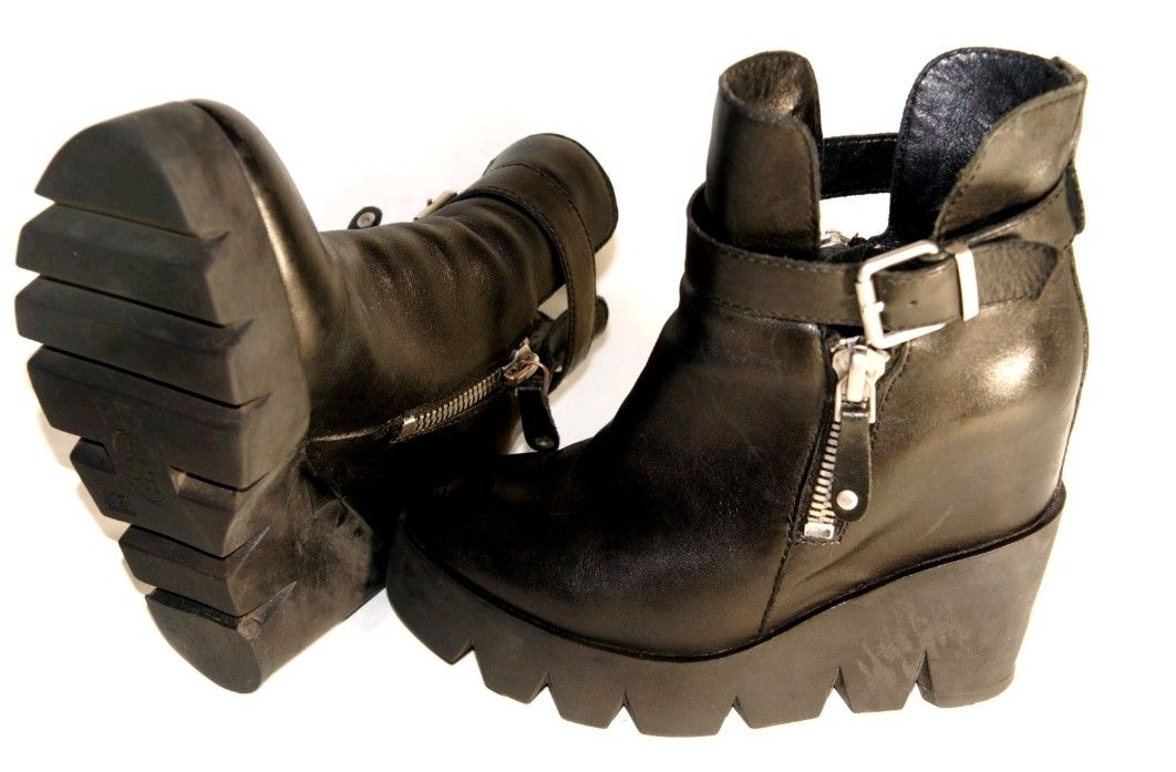 Luxe Ash Ricky Women Ankle Boots Platform Black Leather Rubber Wedge 35 EU 5 US