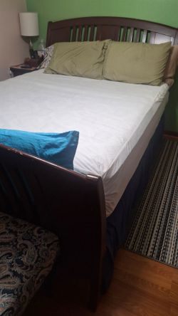 Queen sleigh bed , headboard, foot board, box spring and rails only, no mattress