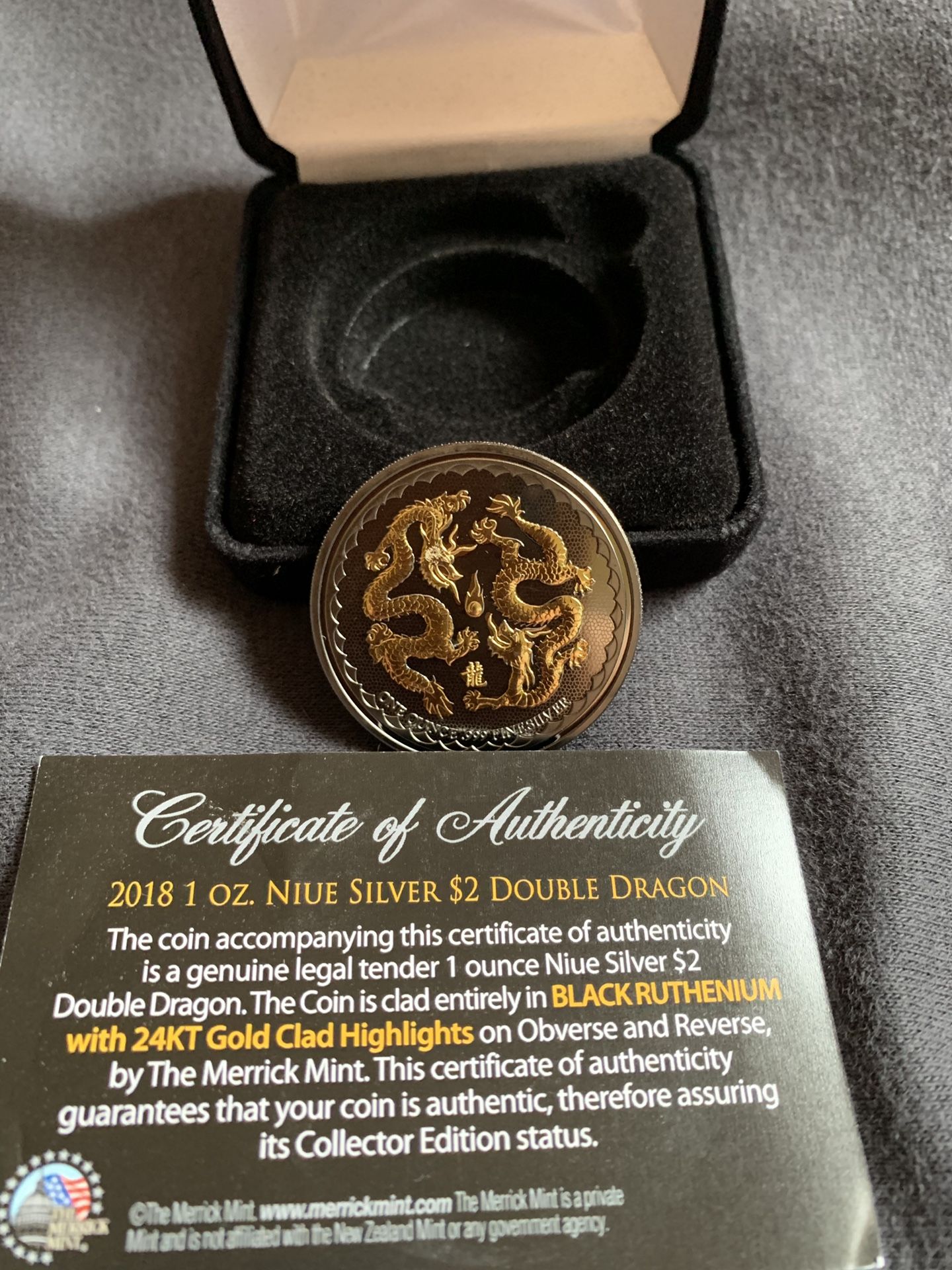 2018 1oz Niue Silver $2 DOUBLE DRAGON BLACK RUTHENIUM 24K GOLD EDITION