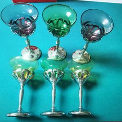Rare Vintage 6 Wine Glasses Silver Plated Stems Colored Glass Goblets Chalice - OBO