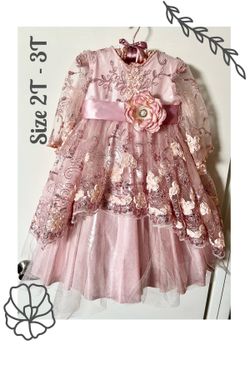 Handmade Toddler Girl Pink Elegant Dress For Any Special Ocassion, Birthday, Wedding, Flower Girl (Fits sizes 2T-3T)