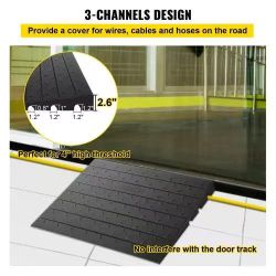 Rubber Threshold Ramp, 2.6\" Rise Threshold Ramp Doorway, 3 Channels Cord Cover Rubber Solid Threshold Ramp, Rubber Angled Entry Rated 2202 Lbs Load C