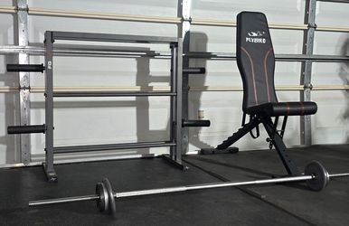 WEIGHT RACK + ADJUSTABLE BENCH + STANDARD  6 FT  BARBELL & 1" WEIGHT PLATES