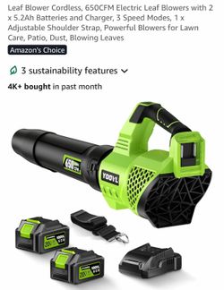 Leaf Blower Cordless, 650CFM Electric Leaf Blowers with 2 x 5.2Ah Batteries and Charger