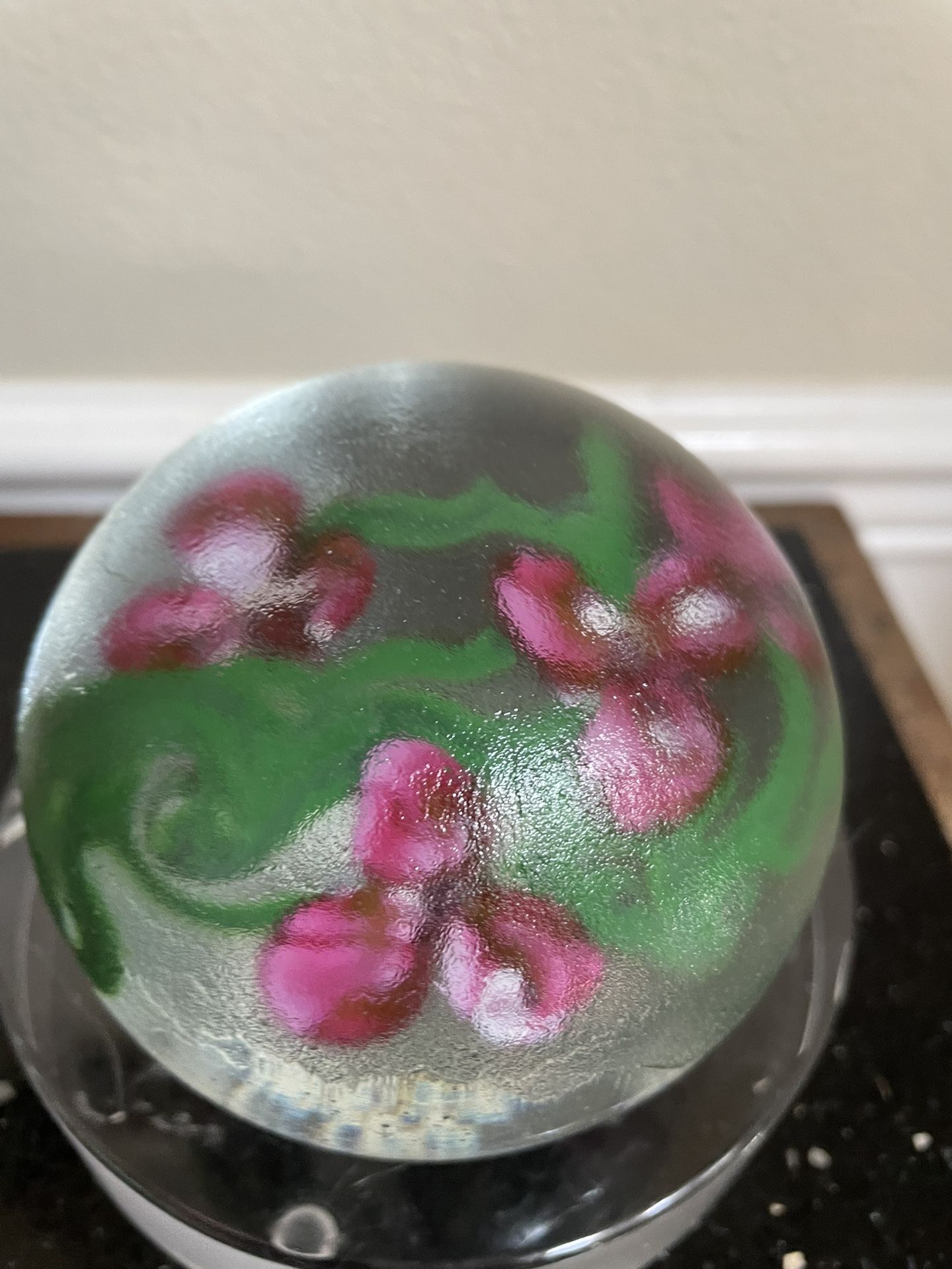 Vintage Glass Paperweight Pink Floral Design with Green Stems and Leaves 4”
