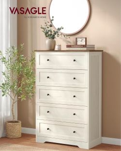 5-Drawer Dresser, Chest of Drawers, 31.5 x 15.7 x 47.4 in Large Capacity Storage Cabinet, Particleboard, MDF, Rustic White and Honey Brown, SIREN Coll