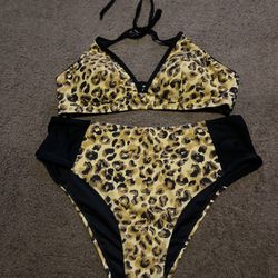 Lunabelle Women's Leopard Halter V-Neck Two Piece Bikini Swimsuit Triangle Backless Bathing Suits with Bralette