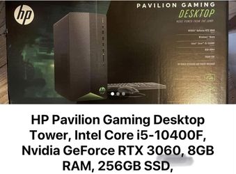 HP Pavilion Gaming Desktop Tower, Intel Core i5-10400F, Nvidia GeForce RTX 3060, 8GB RAM, 256GB SSD,