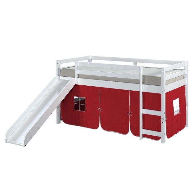 Kids Pine Wood Loft Bed Twin, White ( Red Tent) RT 10171 WT-Red