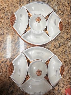 2-Piece Divided Serving Tray Set with Center Dip Bowl - White & Gold