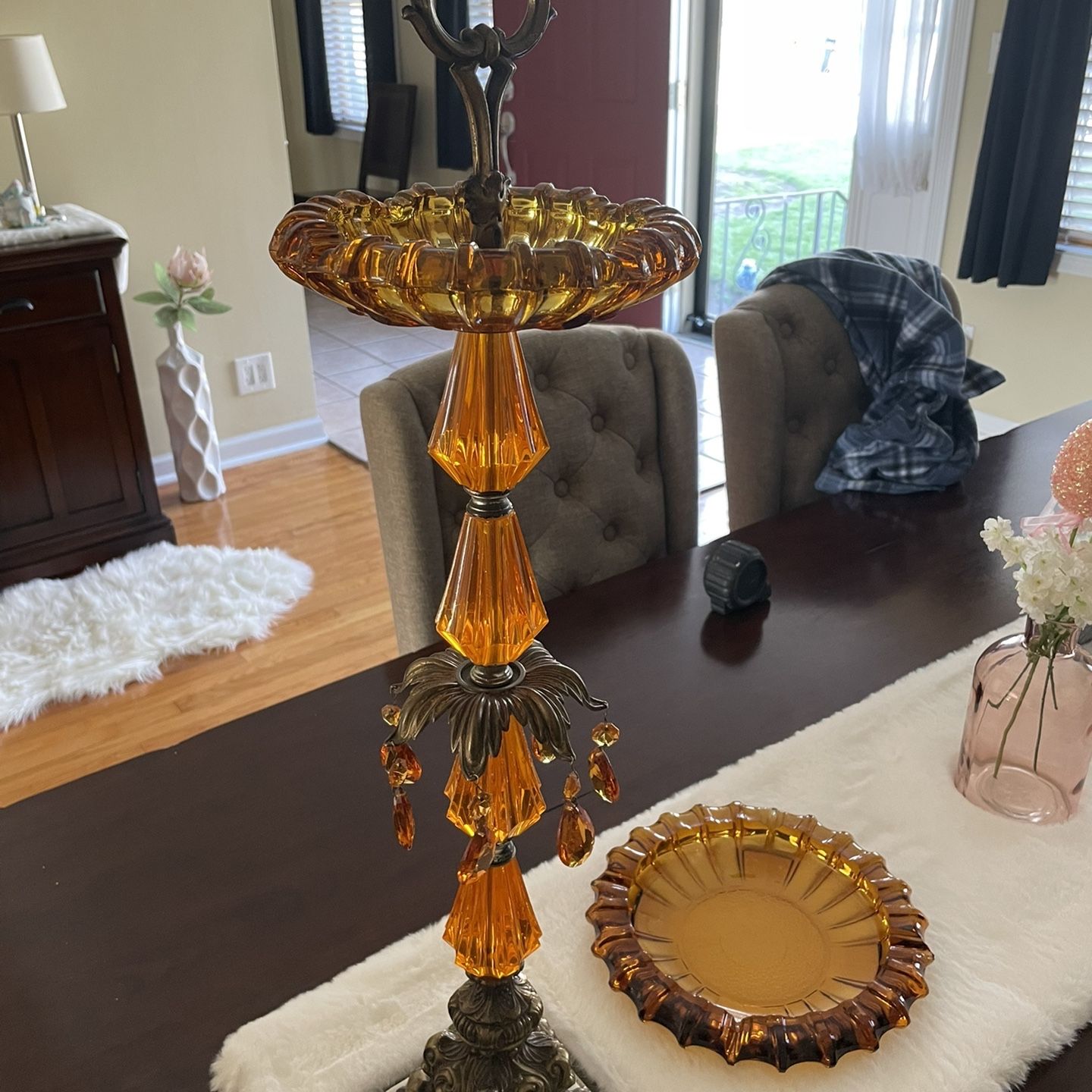 Vintage Rare Amber glass 4 Tier Standing Ashtray Brass! 1940's