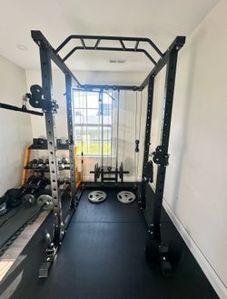 Mikolo Power Rack Cage, Weight Rack with Dual Pulley Cable Crossover Machine,Multi-Function Squat Rack with J Hooks,Dip Bars and Landmine for Home Gym