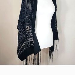 Paisley Pattern Tassels Velvet And Sheer Shawl