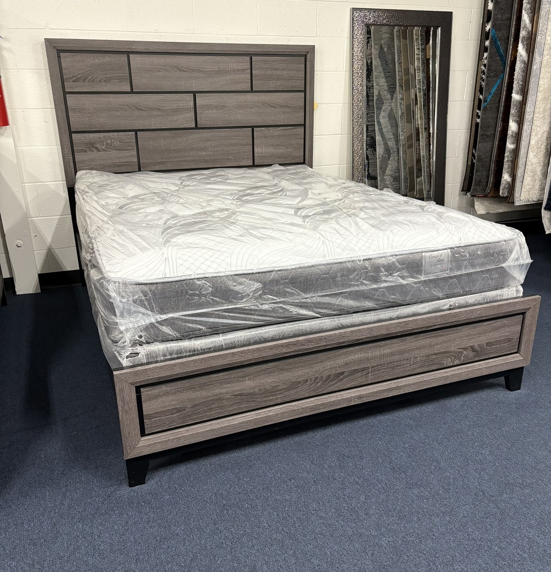 Queen Bed Frame, Mattress, And Boxspring Package Deal